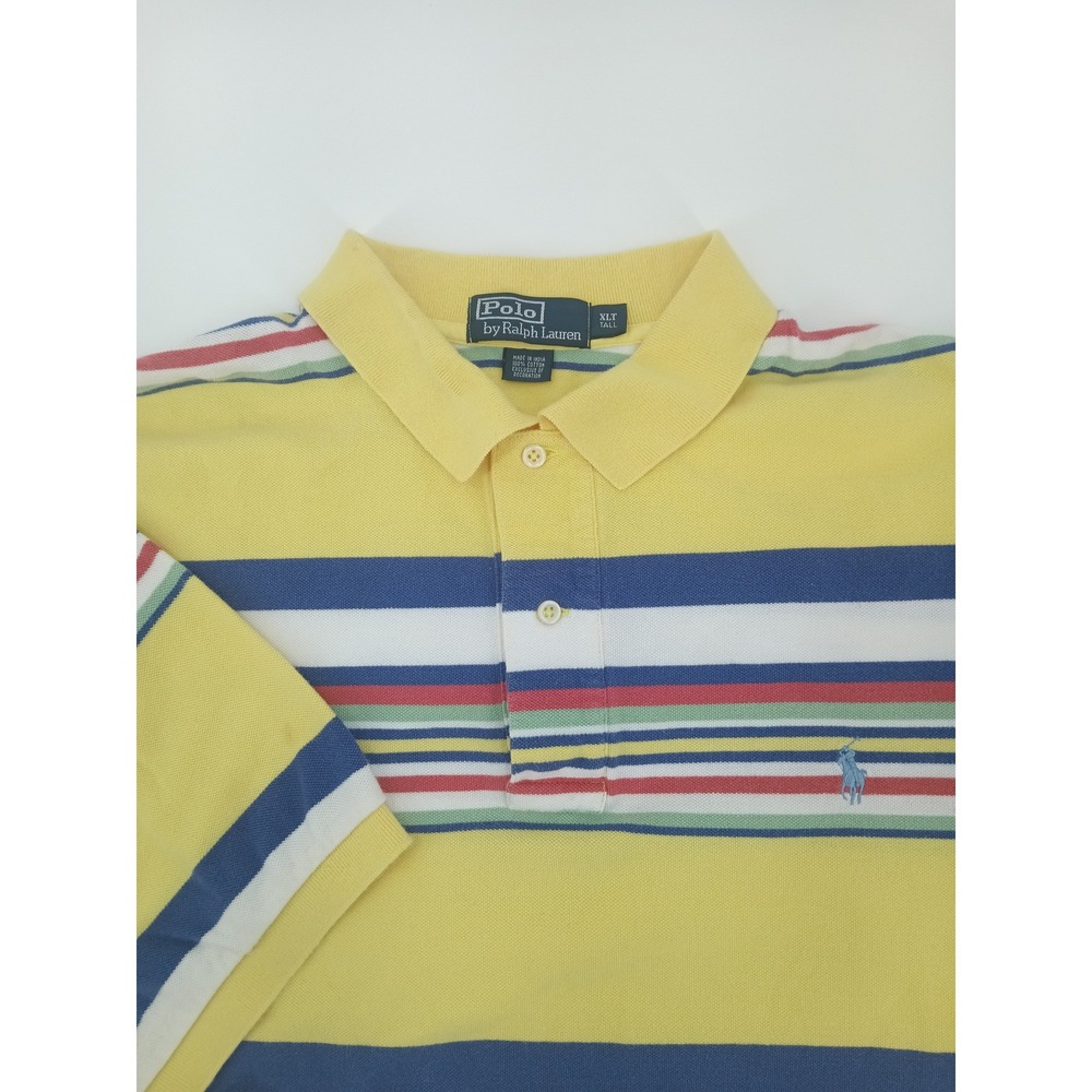 Polo‎ Ralph Lauren Mens XLT Tall Yellow Multi Color Striped Pique Polo Shirt